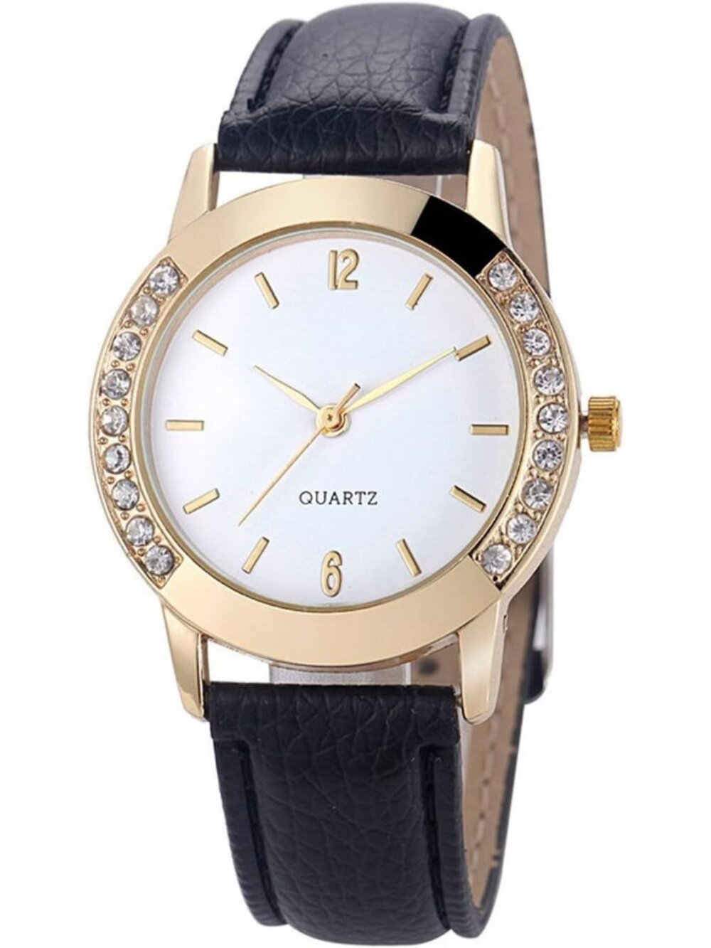 Women's Black Analog Quartz Leather Diamond Crystal Rhinestone Round Wrist Watch